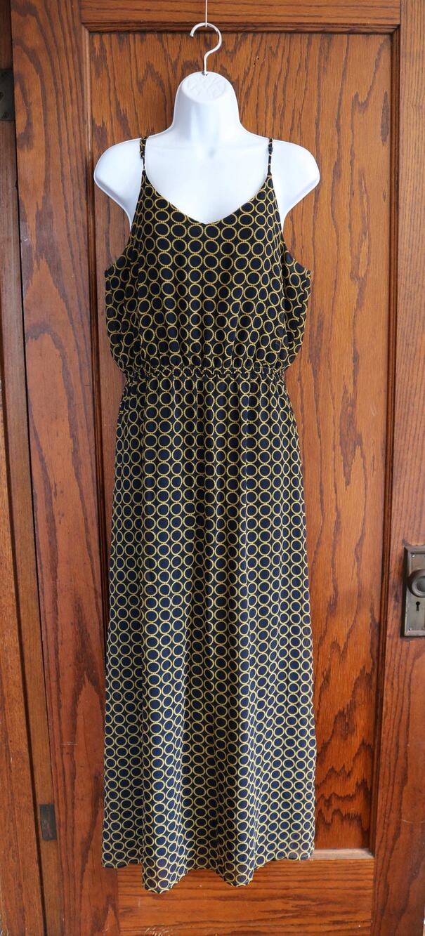BANANA REPUBLIC Maxi Dress Size 8 Navy Gold Geometric Circle Pearls Brunch Class
